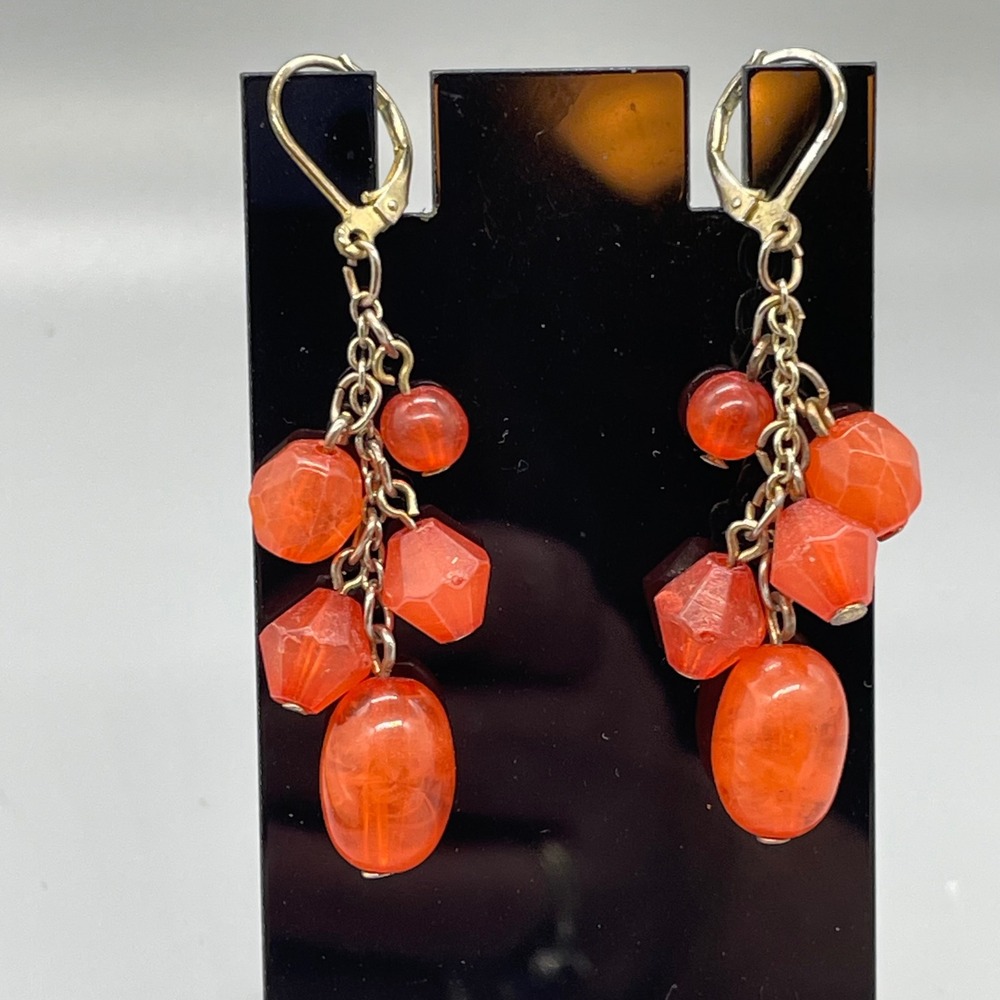Vintage Orange Beaded Cluster‎ Dangle Earrings Gold Tone Leverback Boho Jewelry